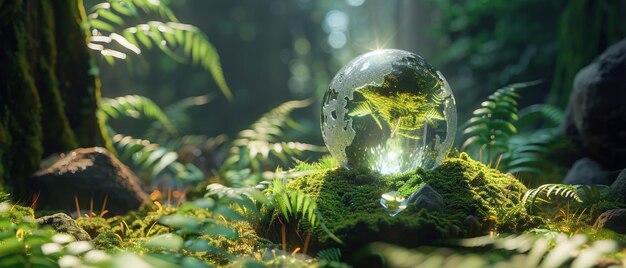 A Crystal Earth On moss In Forest With Ferns And Sunlight