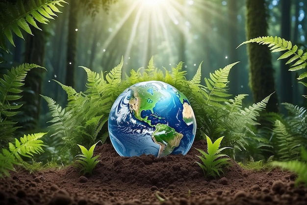 Crystal Earth On Soil In Forest With Ferns And Sunlight Environment save clean planet ecology concept Banner van de Dag van de Aarde met kopieerruimte