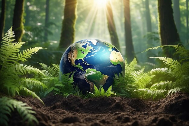 Crystal Earth On Soil In Forest With Ferns And Sunlight Environment save clean planet ecology concept Banner van de Dag van de Aarde met kopieerruimte