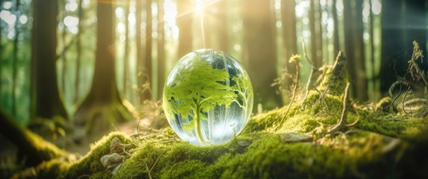 シダと太陽の光と森の土壌のクリスタル アース環境地球の日の概念