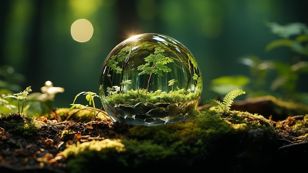 Photo crystal earth on soil in forest with ferns and sunlight the environment earth day concept