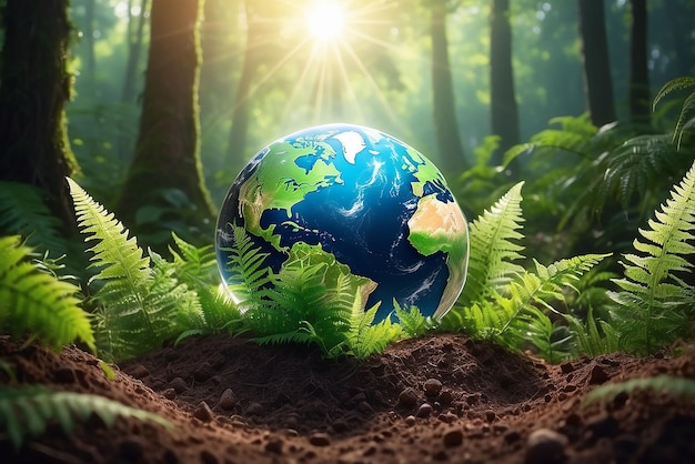 Кристальная земля на почве в лесу с папоротниками и солнечным светом Окружающая среда сохранить чистую планету концепция экологии День Земли баннер с копировальным пространством