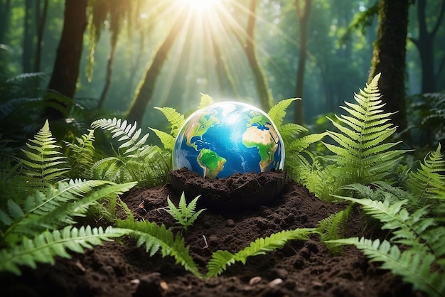 Кристальная земля на почве в лесу с папоротниками и солнечным светом Окружающая среда сохранить чистую планету концепция экологии День Земли баннер с копировальным пространством