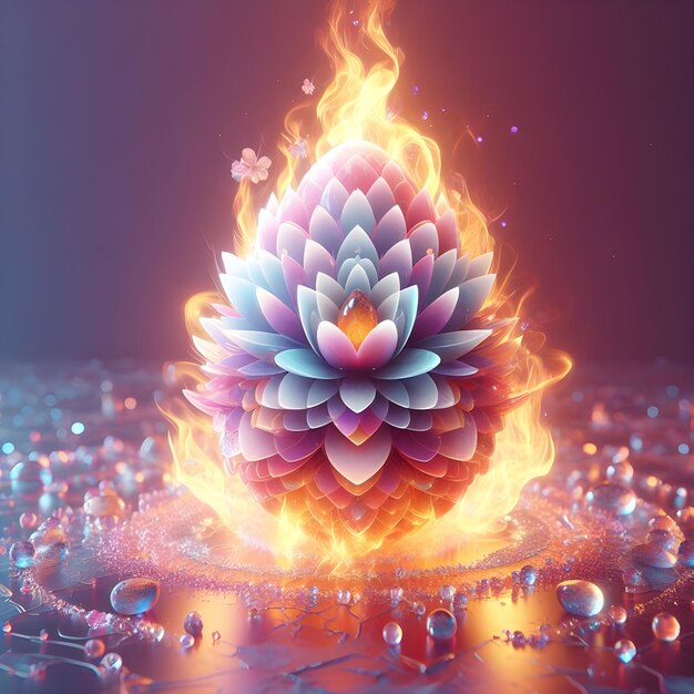 Photo crystal egg and pica flower on flame