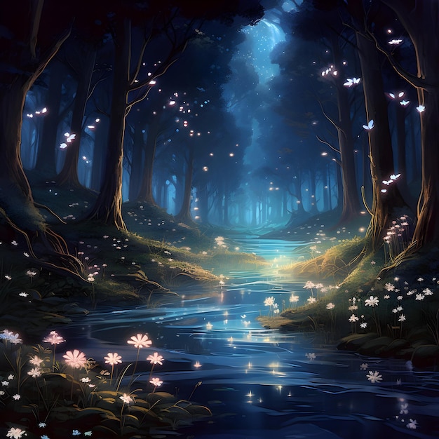 a crystal forest in magical night