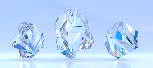 Crystal gems transparent jewel mineral stone isolated on blue background Iridescent precious gemstones diamond sapphire or quartz with refraction light in glass Realistic 3d render set