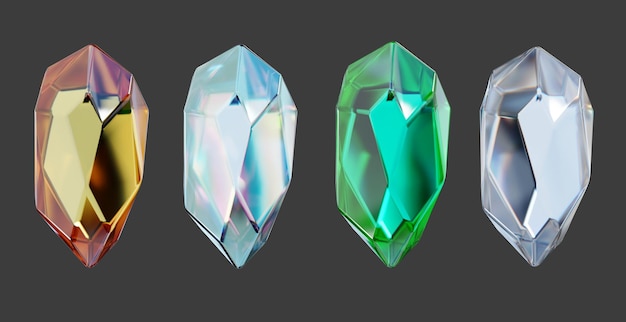 Crystal geometry shape set isolated on black background 3d rendering without AI generated