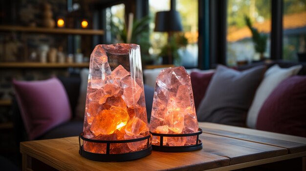 crystal glass bowl with pink rose quartz crystals on the wooden table