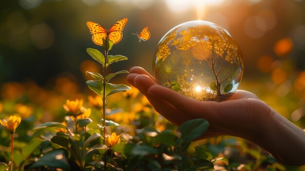 Photo crystal glass globe ball with growing tree in human hand yellow butterfly flying on green sunny background save environment save clean planet ecology concept card