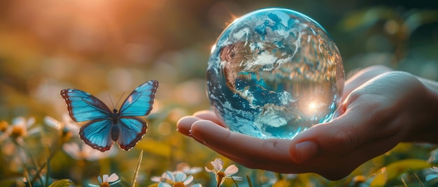 Crystal glass globe and butterfly with blue wings in human hand on grass background The concept of saving the environment and maintaining a green clean planet is featured on the card