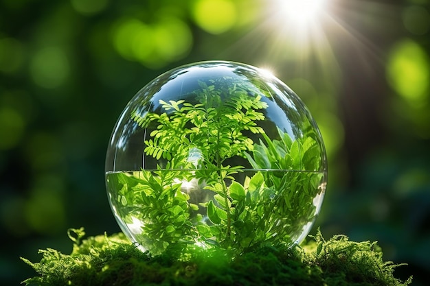 Crystal glass globe on green bush with virtual screen background