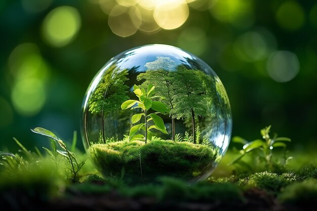 Crystal Glass Globe on Green Bush with Virtual Screen Background