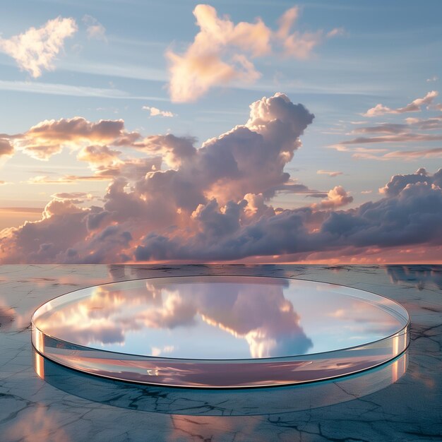 Photo crystal glass podium for product display presentation with cloud sky background