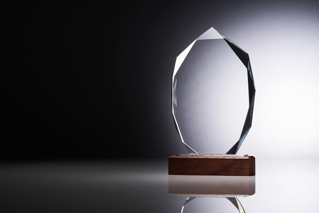 Crystal or glass trophy against gray background