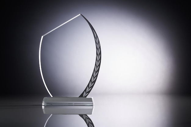 Crystal or glass trophy against gray background