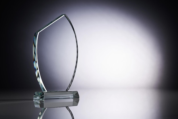 Crystal or glass trophy against gray background