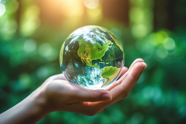 Crystal globe earth with world map in nature