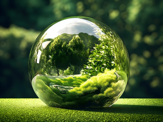 Crystal globe on ferns in green grass forest Environment save the World earth day