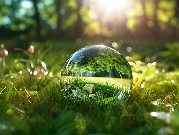 Crystal globe on ferns in green grass forest Environment save the World earth day