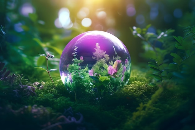 Crystal globe on ferns in green grass forest Environment save the World earth day