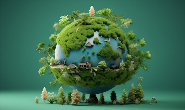 Crystal globe on ferns in green grass forest environment save the world earth day