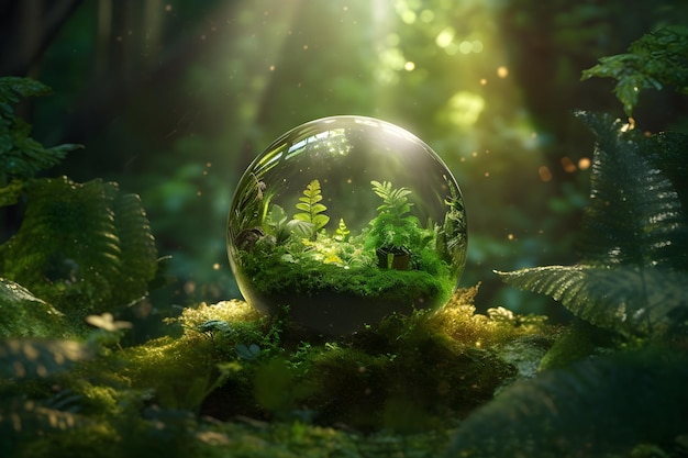 Crystal globe on ferns in green grass forest Environment save the World earth day