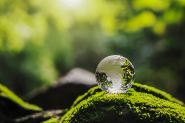 Crystal globe glass resting on moss stone with sunshine in nature forset. eco  environment concept