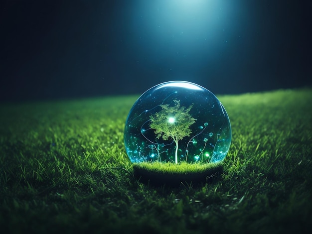 Crystal globe on green grass with lens flare