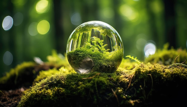 crystal globe on moss in a forest