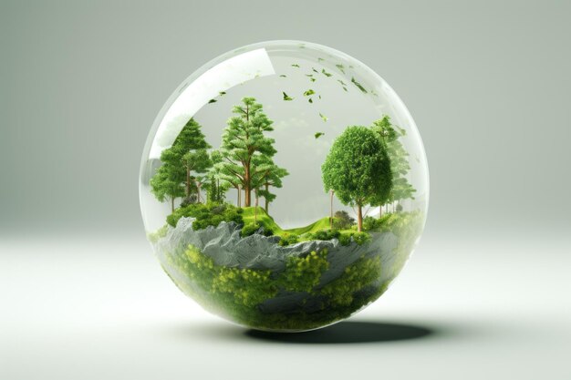 crystal globe resting on moss in a forest environment concept