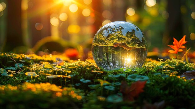 Photo crystal globe on rolling moss scene maps photographic depth of field