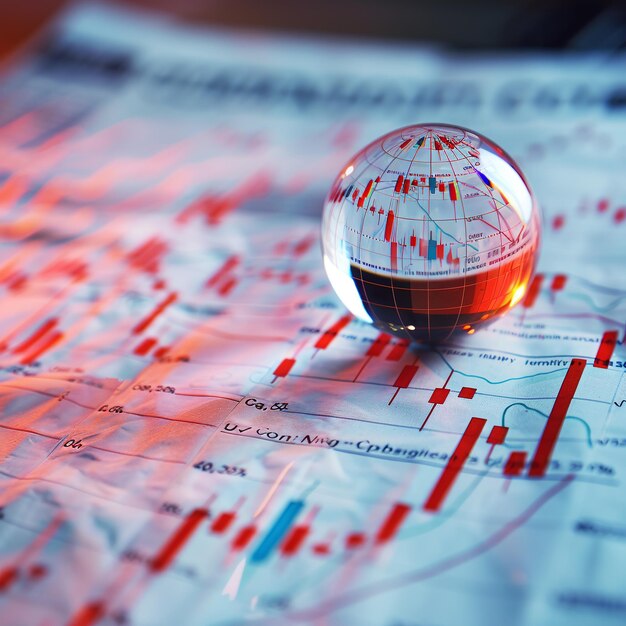 Photo crystal globe over stock market chart analysis