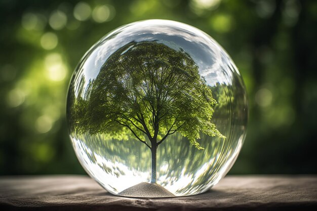 A crystal globe with tree Natural background Ecological concept Earth Day AI generated
