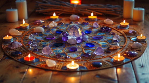 Photo crystal grid setup on wooden floor forming a sacred geometric pattern healing session with stones