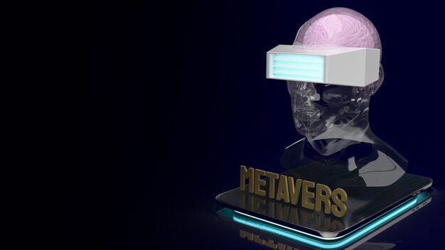 The crystal head and headset on tablet for metaverse content 3d rendering