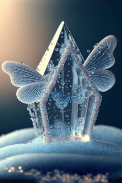 雪に覆われた地面の上に座っているクリスタルハウスの生成ai