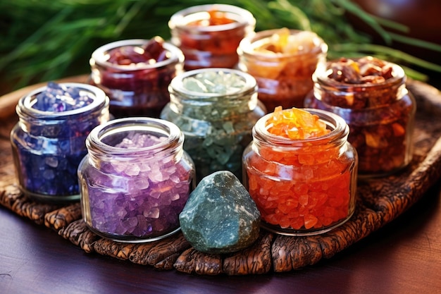 Crystal jars full of colorful herbal salts on a stone counter