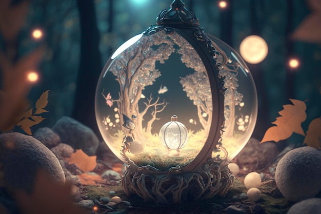 a crystal magic orb with a lantern inside, whimsical, with a moon in a magical forest, creative ai