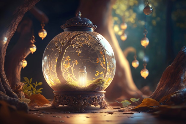 хрустальный волшебный шар с фонарем внутри, причудливый, с луной в волшебном лесу, творческий ИИ