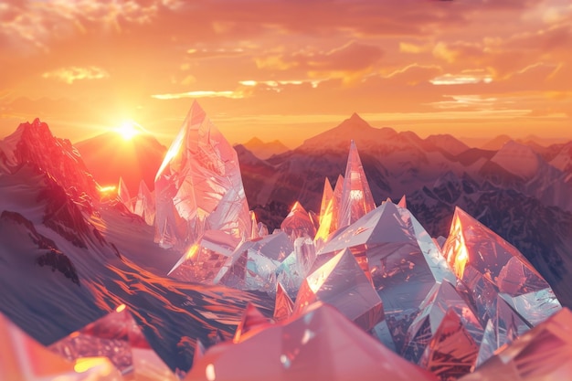 Crystal Mountains View Crystals Landscape Illuminated By the Setting Sun Copy Space