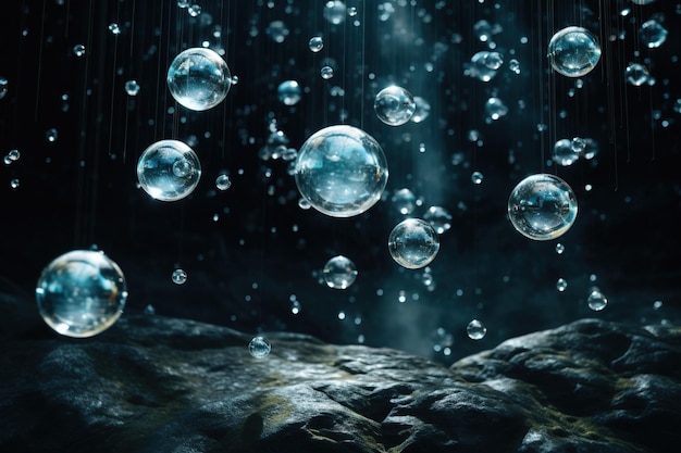 Photo crystal orbs floating in zero gravity environment