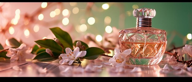 Photo crystal perfume bottle with flowers background in pink green theme
