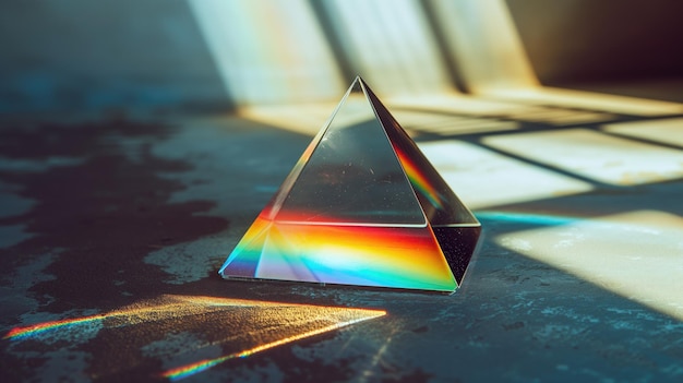 Photo crystal prism on a dark surface creating a rainbow of light refraction