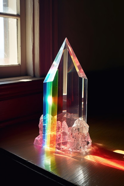 Crystal prism refracting light into a rainbow created with generative ai