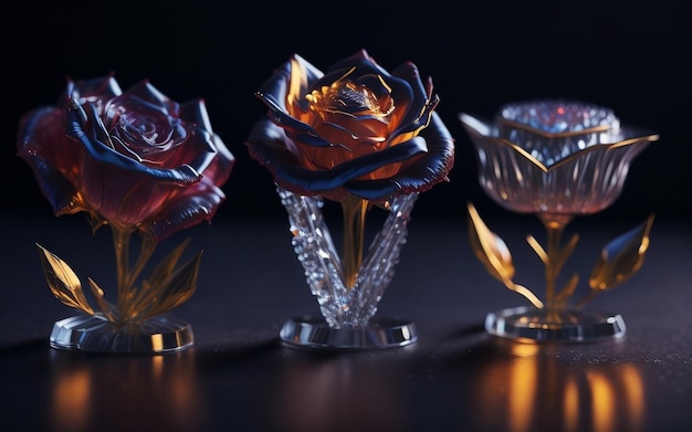 crystal roses sit on a dark background