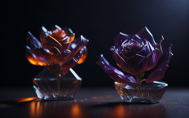 crystal roses sit on a dark background