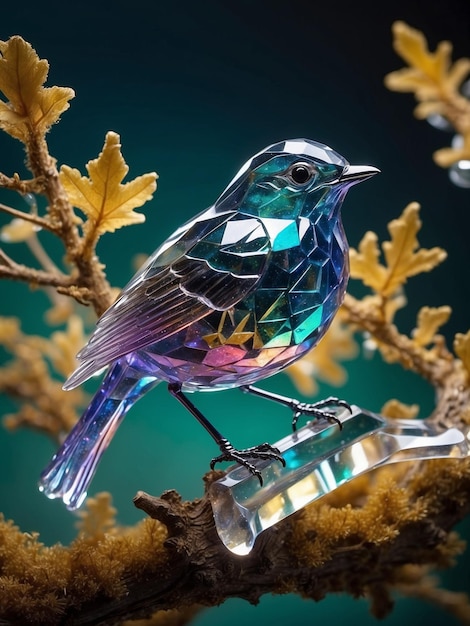 Crystal sculpture in the shape of a european robin on a crystal tree branch