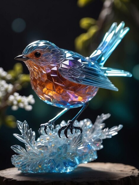 Crystal sculpture in the shape of a European robin on a crystal tree branch