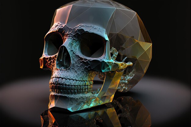 Crystal skull illustration with octagonal shapes, dark background. Generative AI