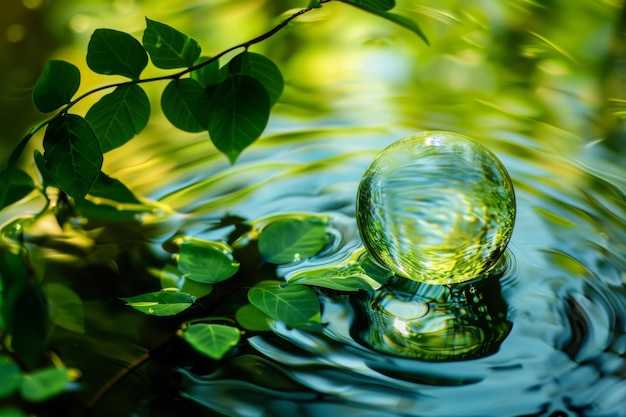 Photo crystal sphere resting on water amidst green foliage